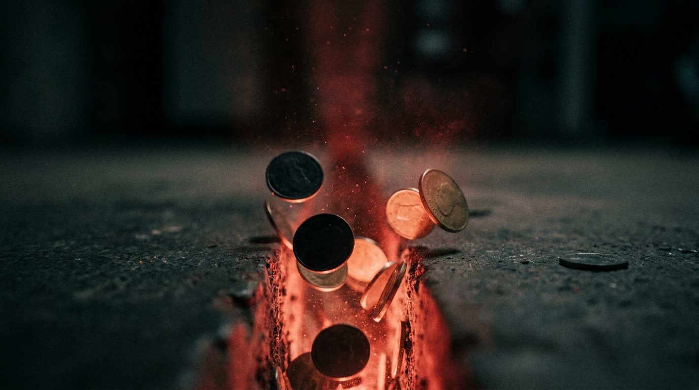 A small stream of coins spilling through a glowing red crack in a dark concrete floor, representing ad budget leaking out through the wrong landing destination
