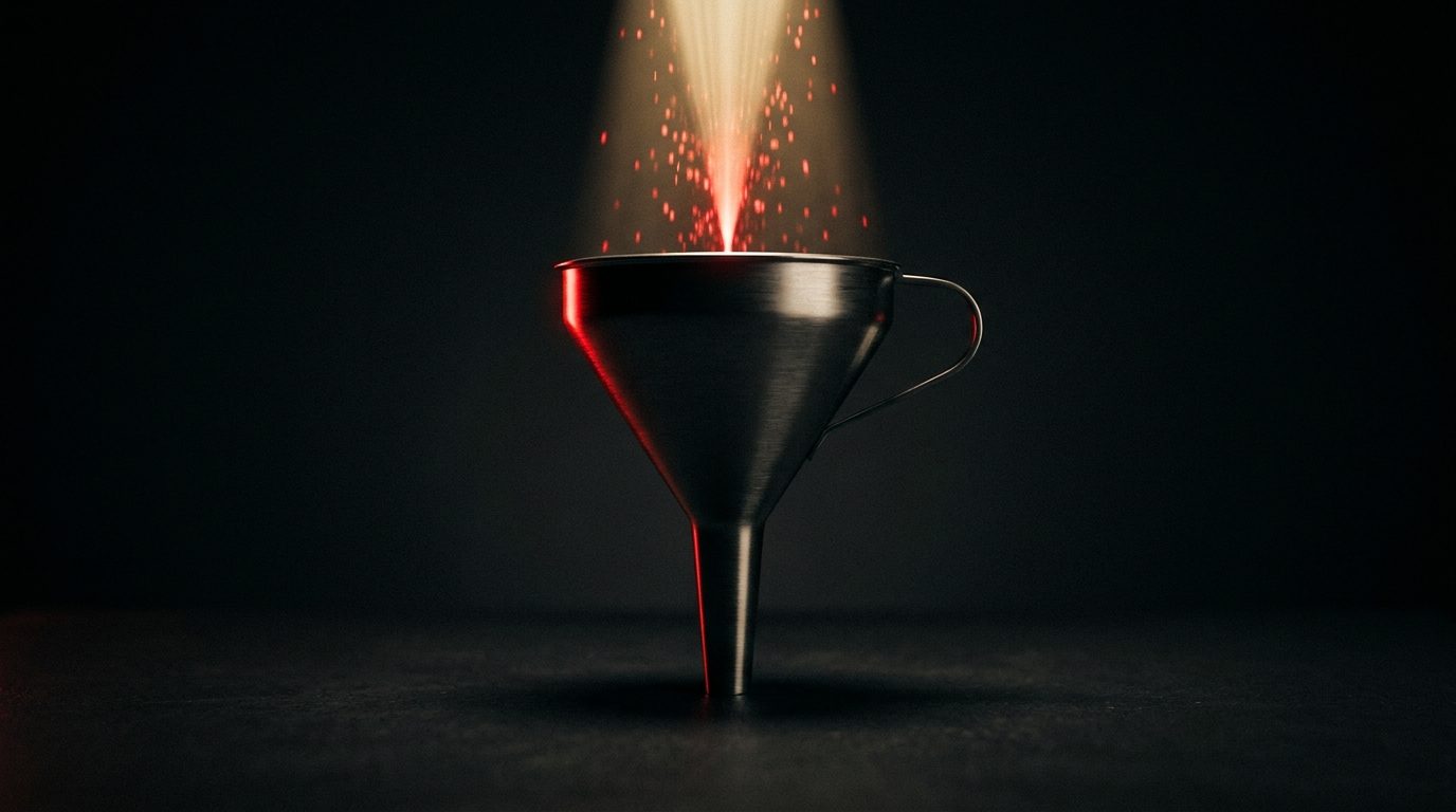 A metal funnel on a dark surface with warm light and glowing red particles pouring down through the narrow spout, representing many leads narrowing down to one committed customer
