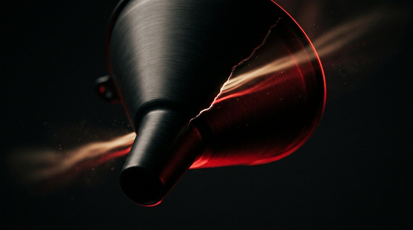 Extreme close-up of a metal funnel with a hairline crack leaking glowing red and warm light sideways instead of down through the spout, representing leads escaping the funnel before reaching the bottom