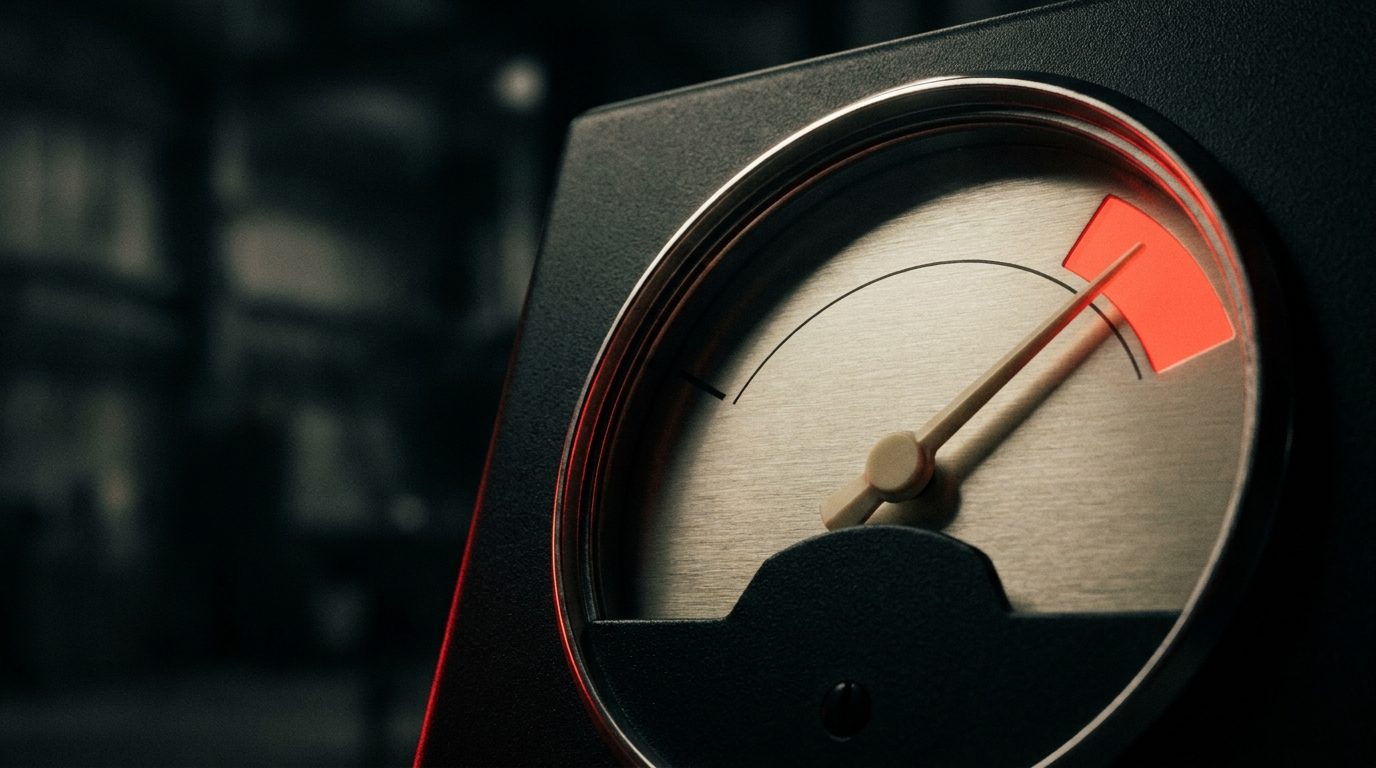 A backlit analog gauge dial on a dark matte control panel, needle sweeping toward a red zone, dramatic low-key red rim lighting, representing measuring whether marketing is actually performing