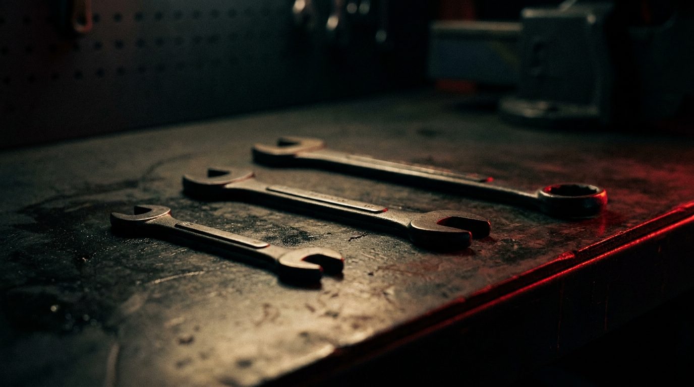 A sequence of wrenches arranged on a workbench representing phased marketing plan