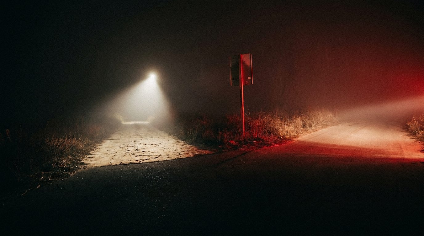 A forked road at night, one path lit by a spotlight, representing the choice between Google Ads and Meta Ads
