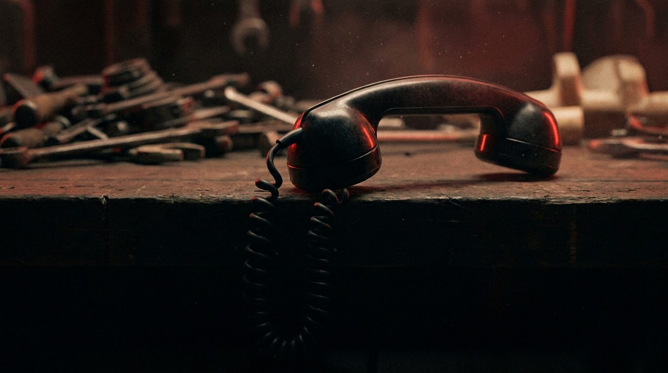 An old black phone receiver left off the hook on a dark workbench, cord dangling into shadow, warm red rim light, shallow depth of field
