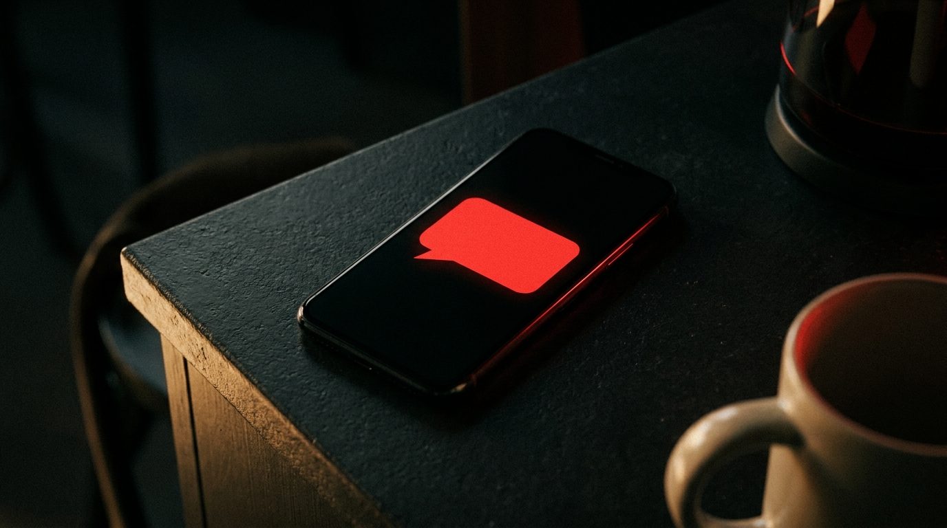 A smartphone resting on a dark counter, the screen glowing with a single blank red chat bubble shape, no visible app interface or text