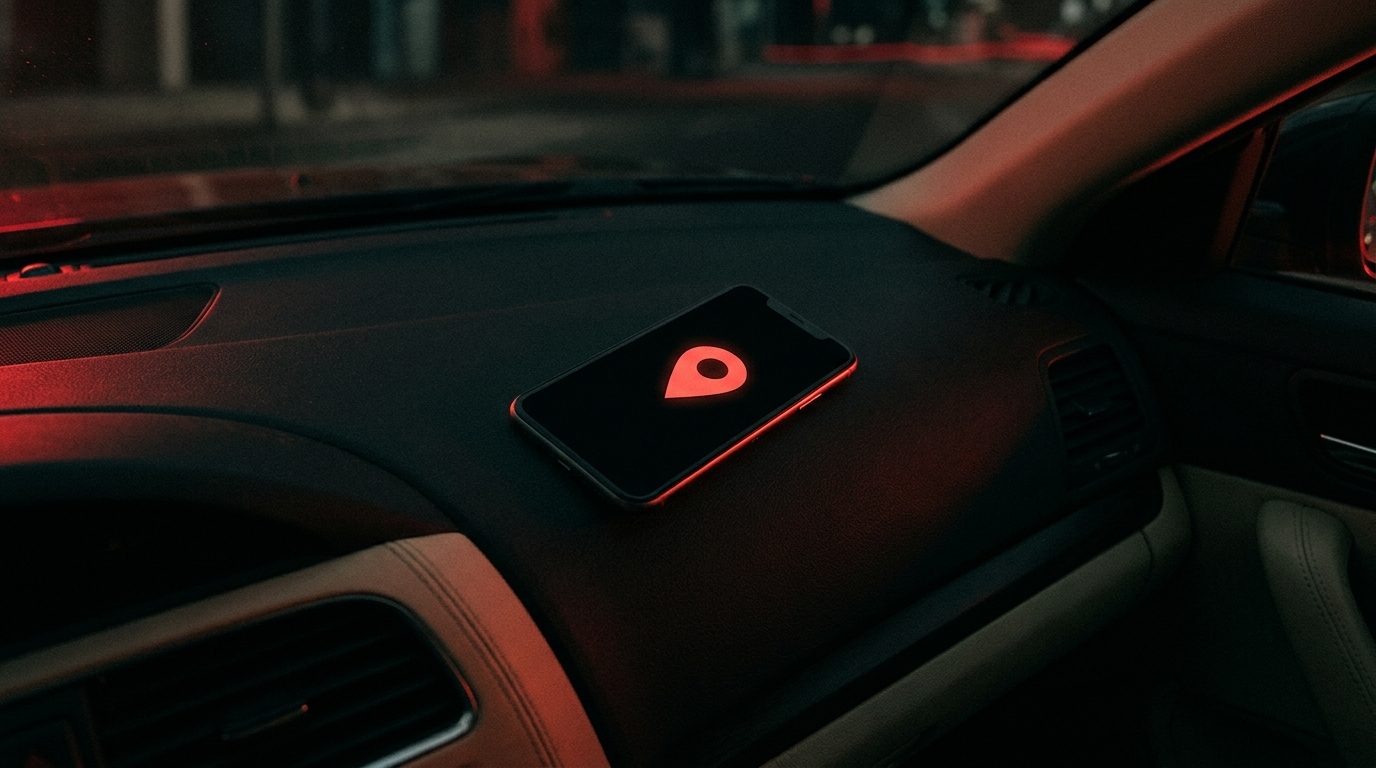 A smartphone resting on a dark dashboard, the screen glowing with a single blank red map pin, no visible app interface or text