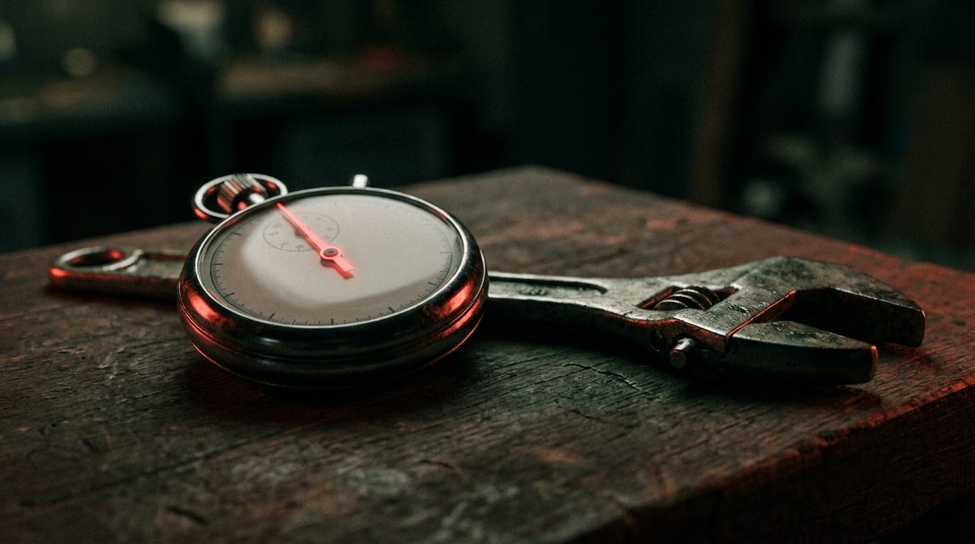 A stopwatch with a glowing red second hand resting beside a wrench on a dark workbench, blank unmarked dial face