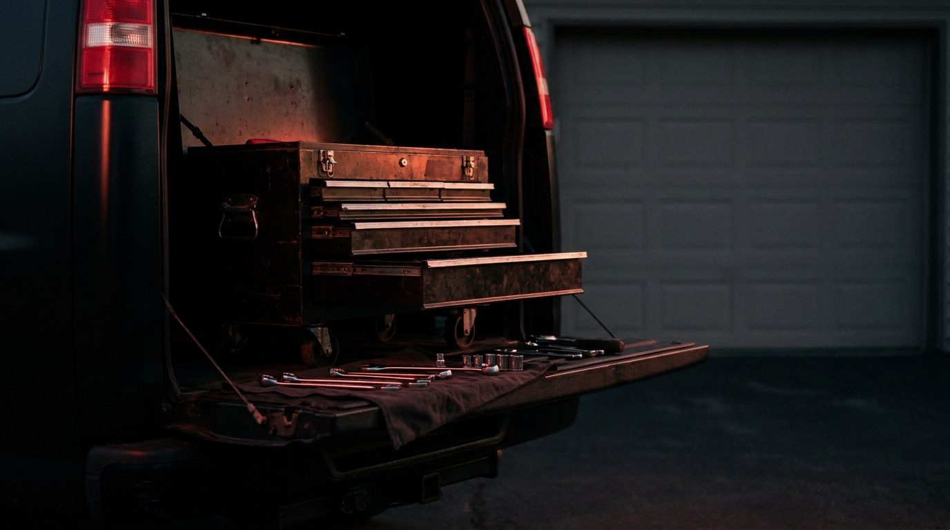 An open mechanic's tool chest on a van tailgate at dusk, wrenches lit by warm red rim light, a plain garage door blurred in the distant background