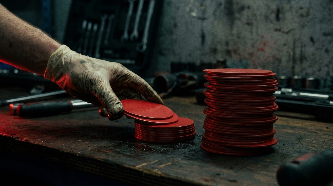 A hand splitting an uneven pile of red poker-chip-style discs into two stacks under dramatic low-key garage lighting