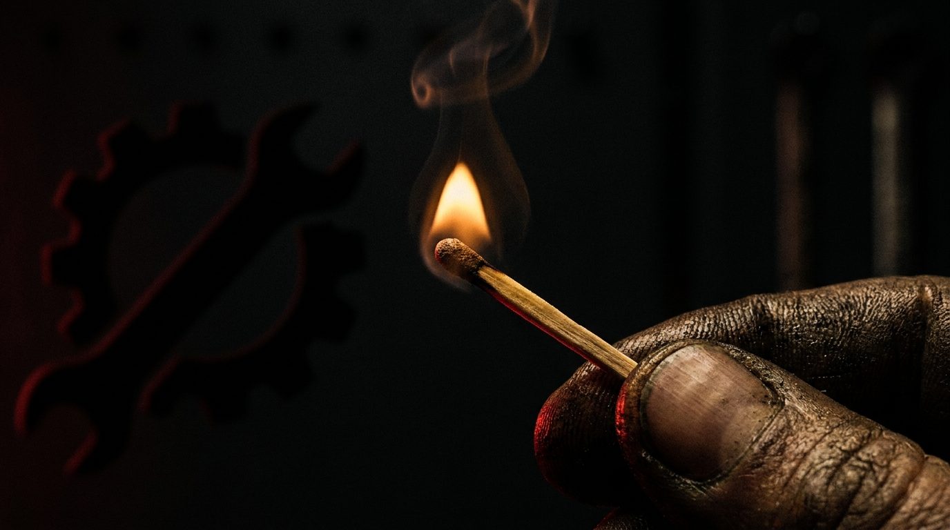 A single lit match glowing against total darkness inside an auto repair garage, small flame casting warm light, representing the first proof a brand new shop builds when it has nothing yet