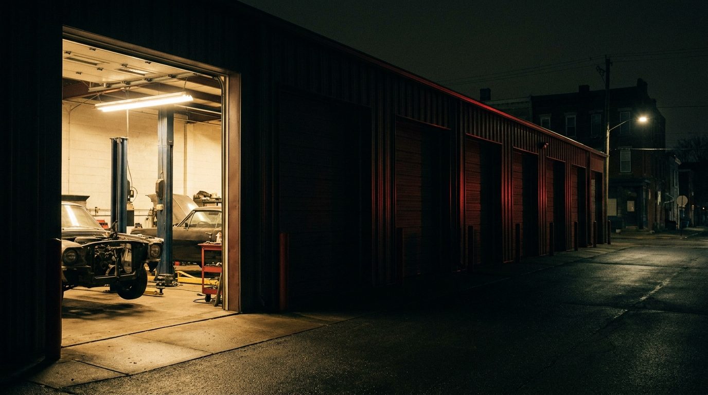 A single garage bay light glowing warm white down a row of otherwise dark auto repair bays at night, representing a brand new shop opening its doors for the first time