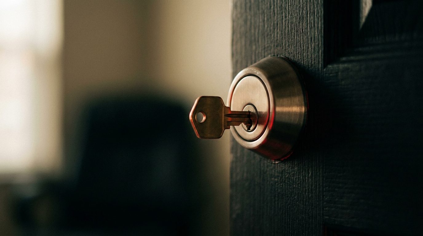A single brass key inserted halfway into a brand new unpainted deadbolt lock in soft dawn light