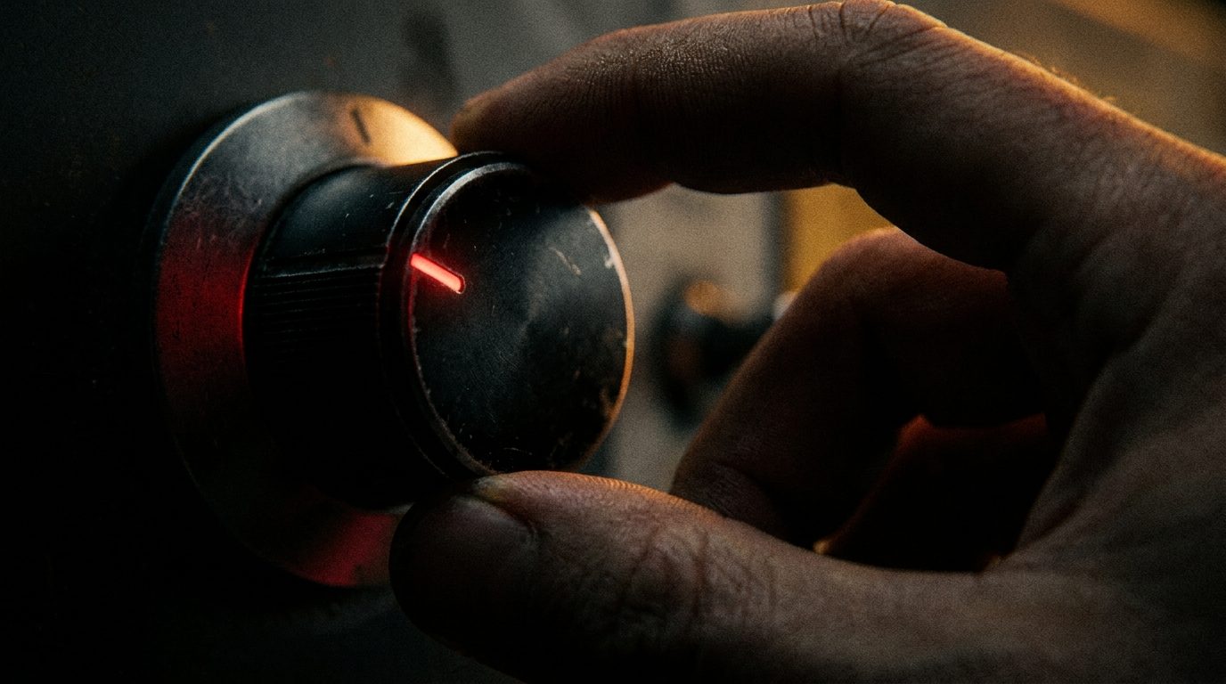 A hand turning an industrial metal knob with a glowing red indicator toward maximum, warm rim light and shallow depth of field, representing scaling the channel that is already working once the first ninety days build momentum