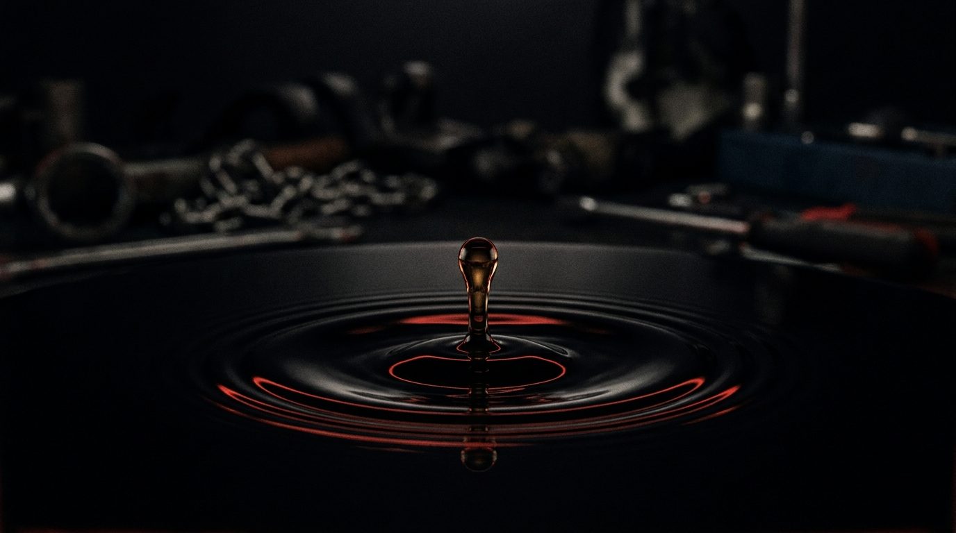 A single drop of oil falling into still water, rippling outward under dramatic red rim light