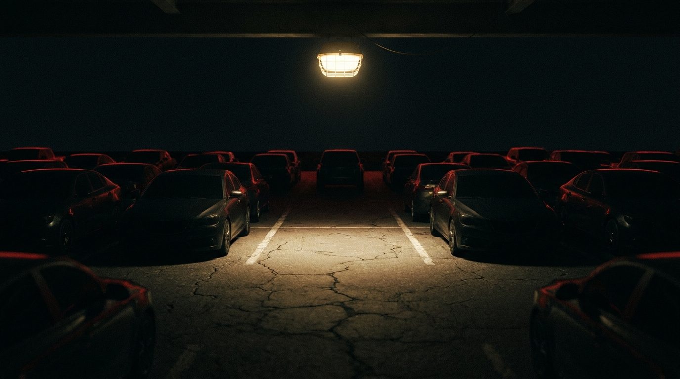 A single empty parking space glowing under a work light at night, surrounded by a full lot of parked cars sitting in darkness