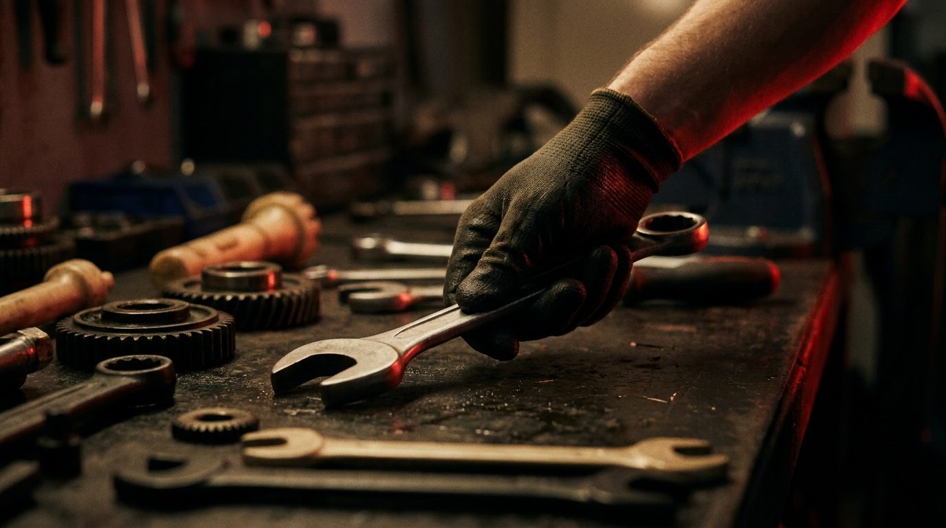 A gloved hand adjusting a tool at a hands-on demo station set up on a workbench under warm garage light