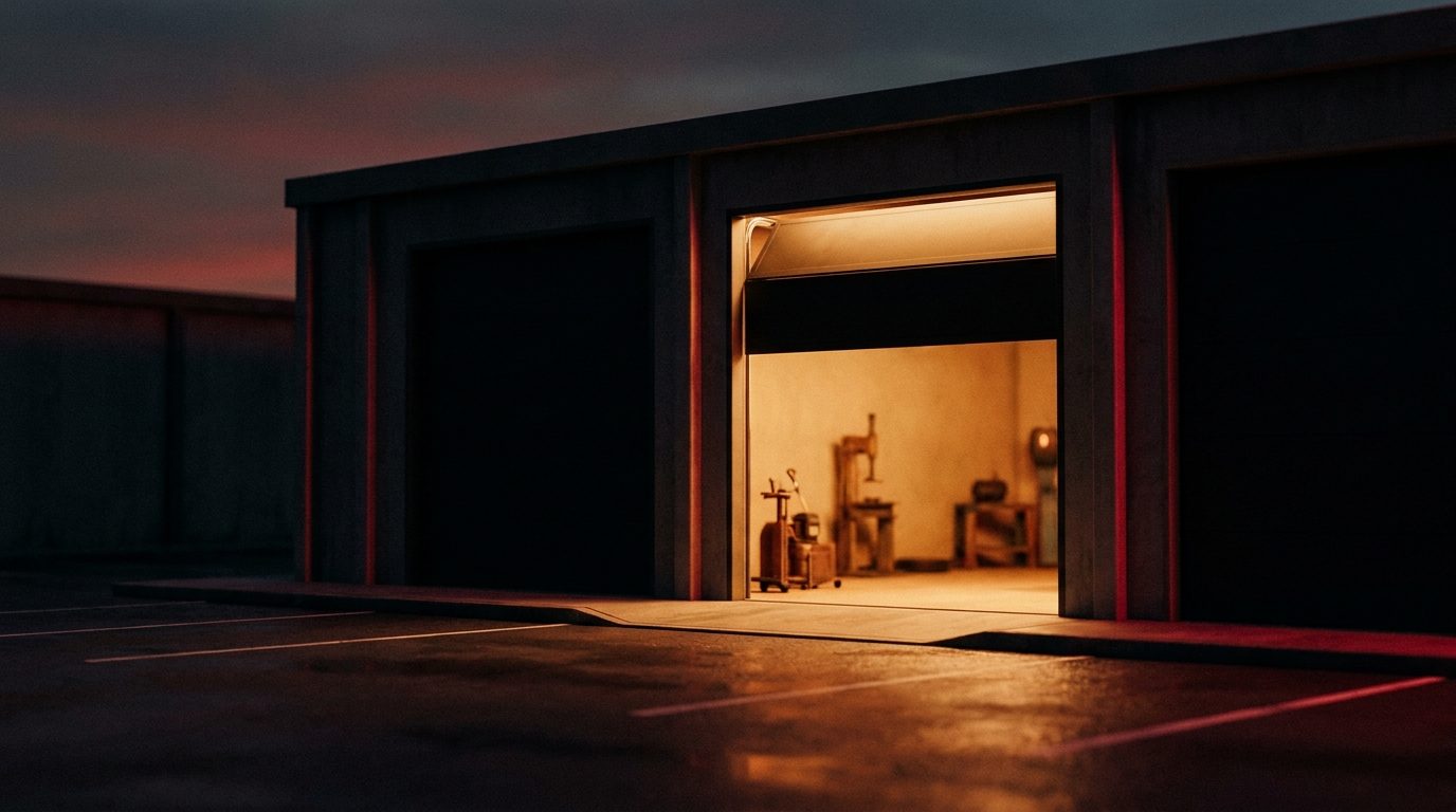 A wide garage bay door thrown open, warm interior light spilling onto a dark empty parking lot at dusk
