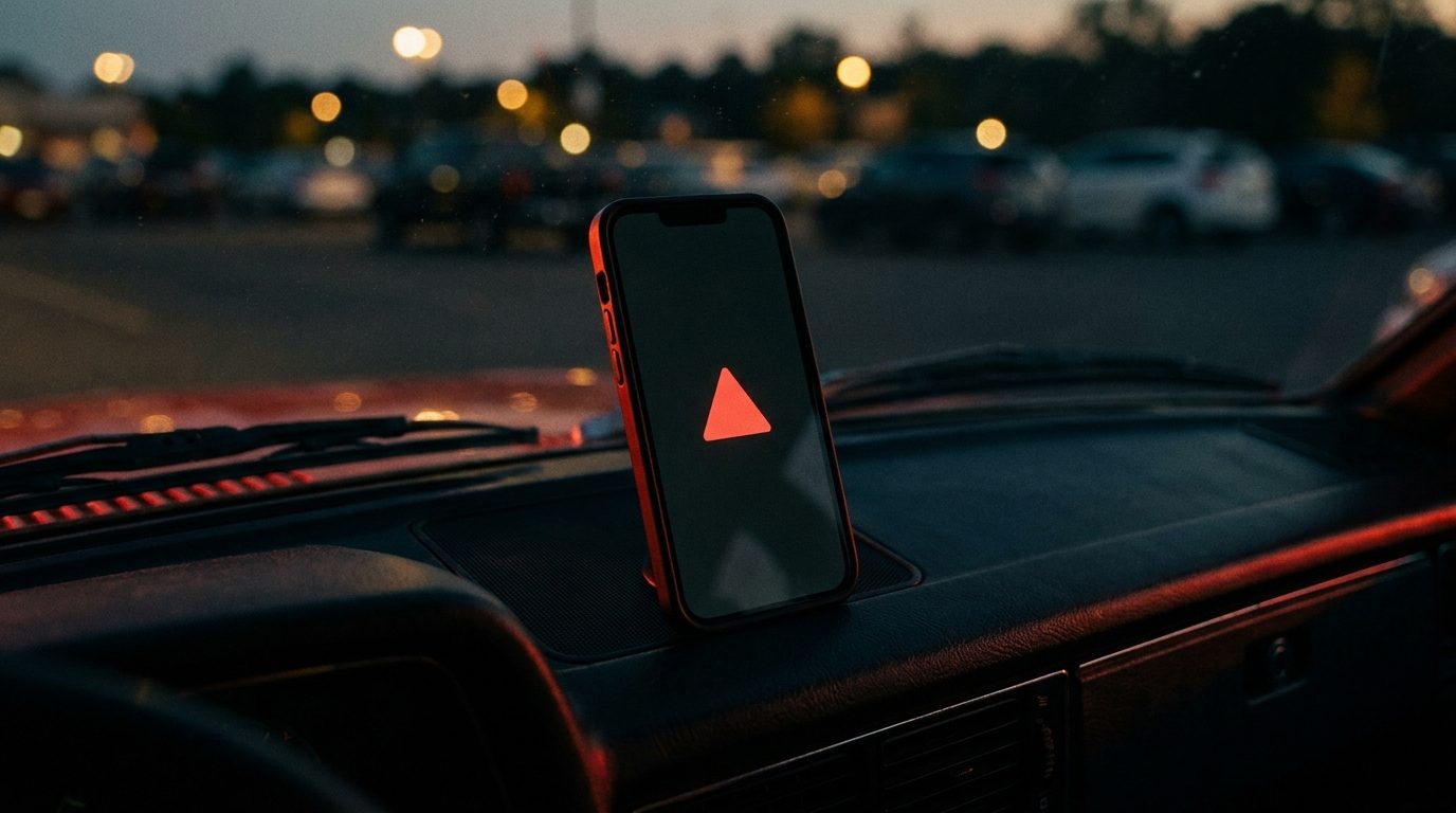 A smartphone propped on a car dashboard at dusk, screen glowing with a single solid red play triangle icon, no app interface visible