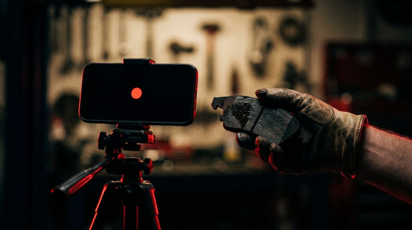 A smartphone on a small tripod filming a gloved hand holding a worn brake pad in a dark garage bay, a soft red record glow on the phone screen