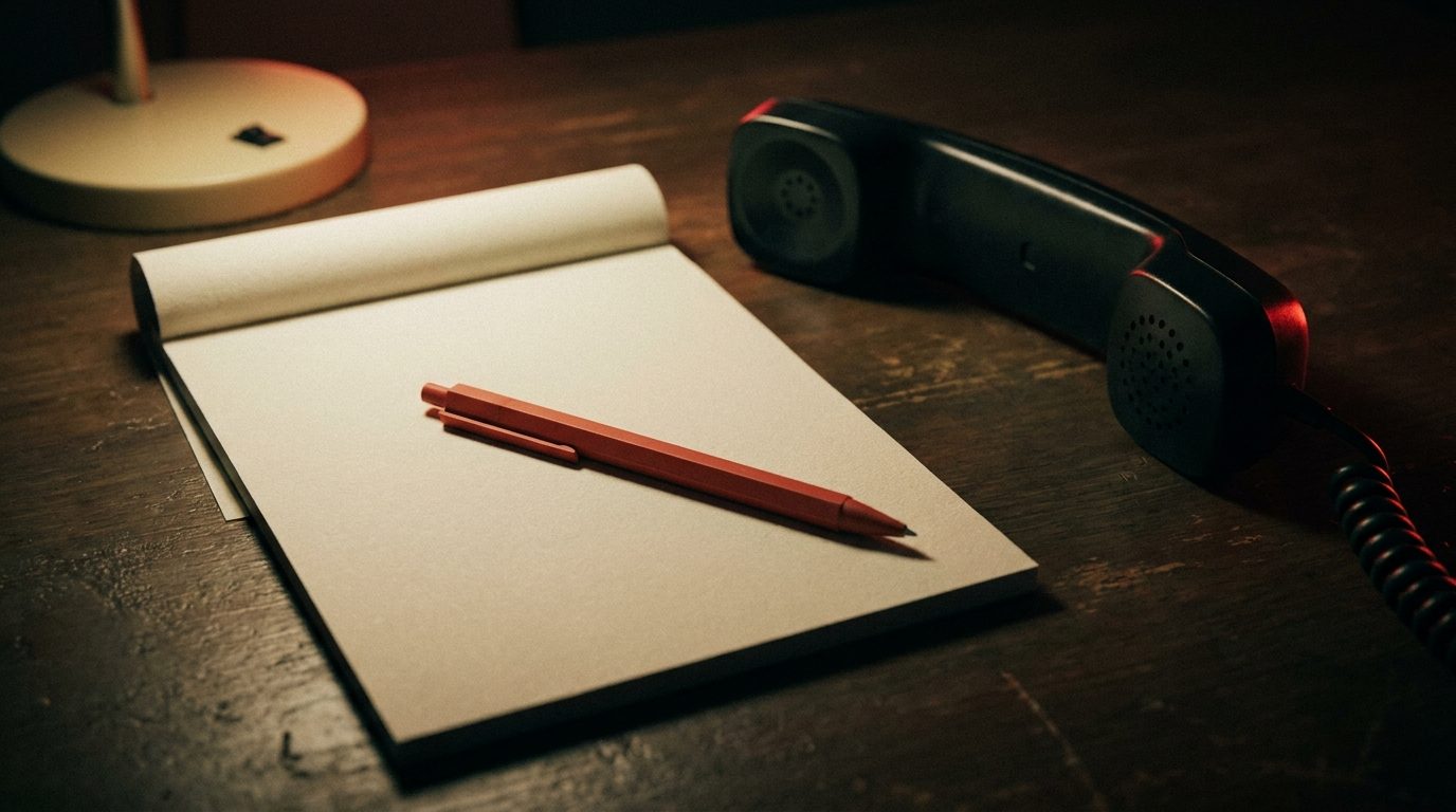 A single red pen resting on an open notepad beside a black corded telephone handset on a dark wooden desk, under warm low-key lamp light