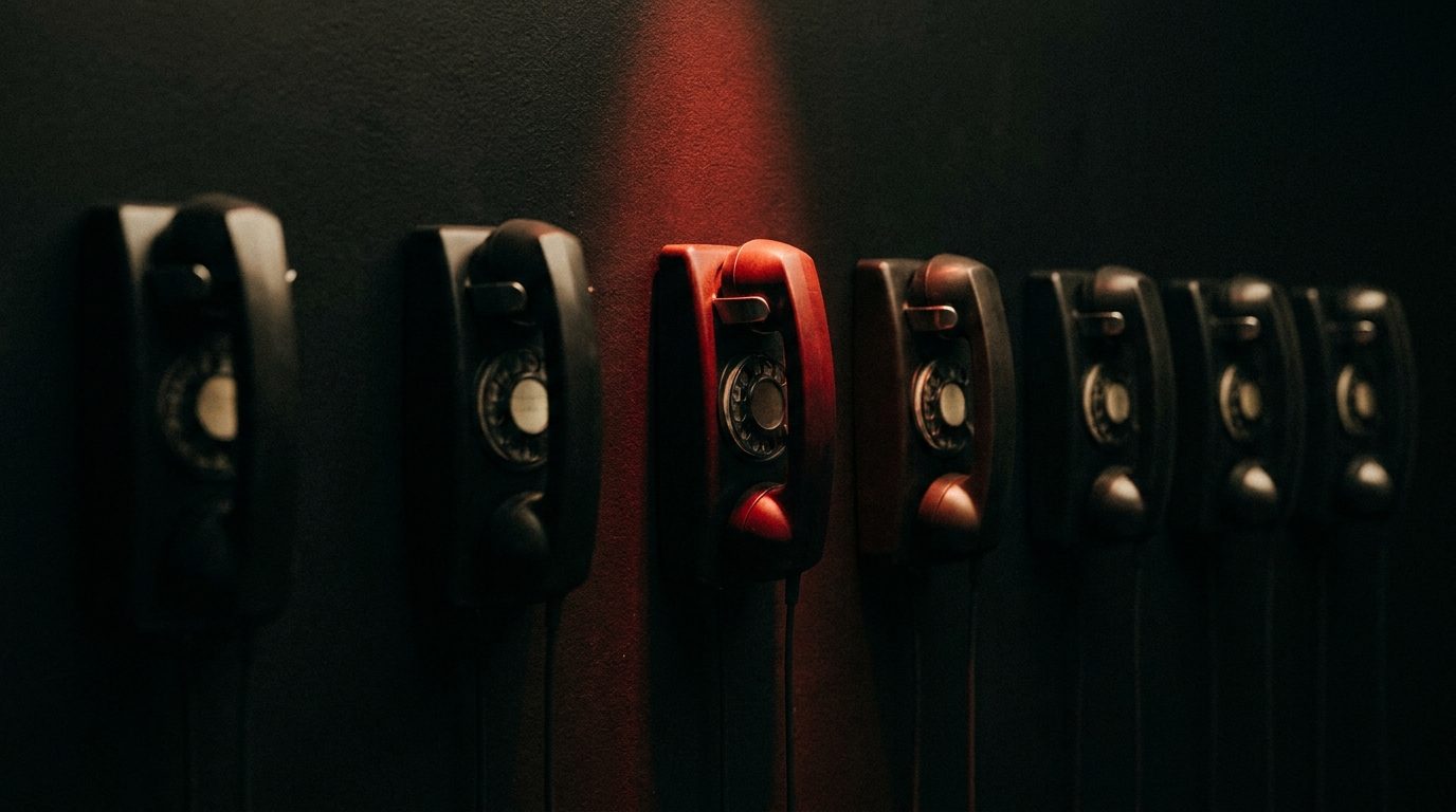 A row of eight identical black telephones mounted on a dark wall, with one telephone in the middle lit by a narrow red spotlight