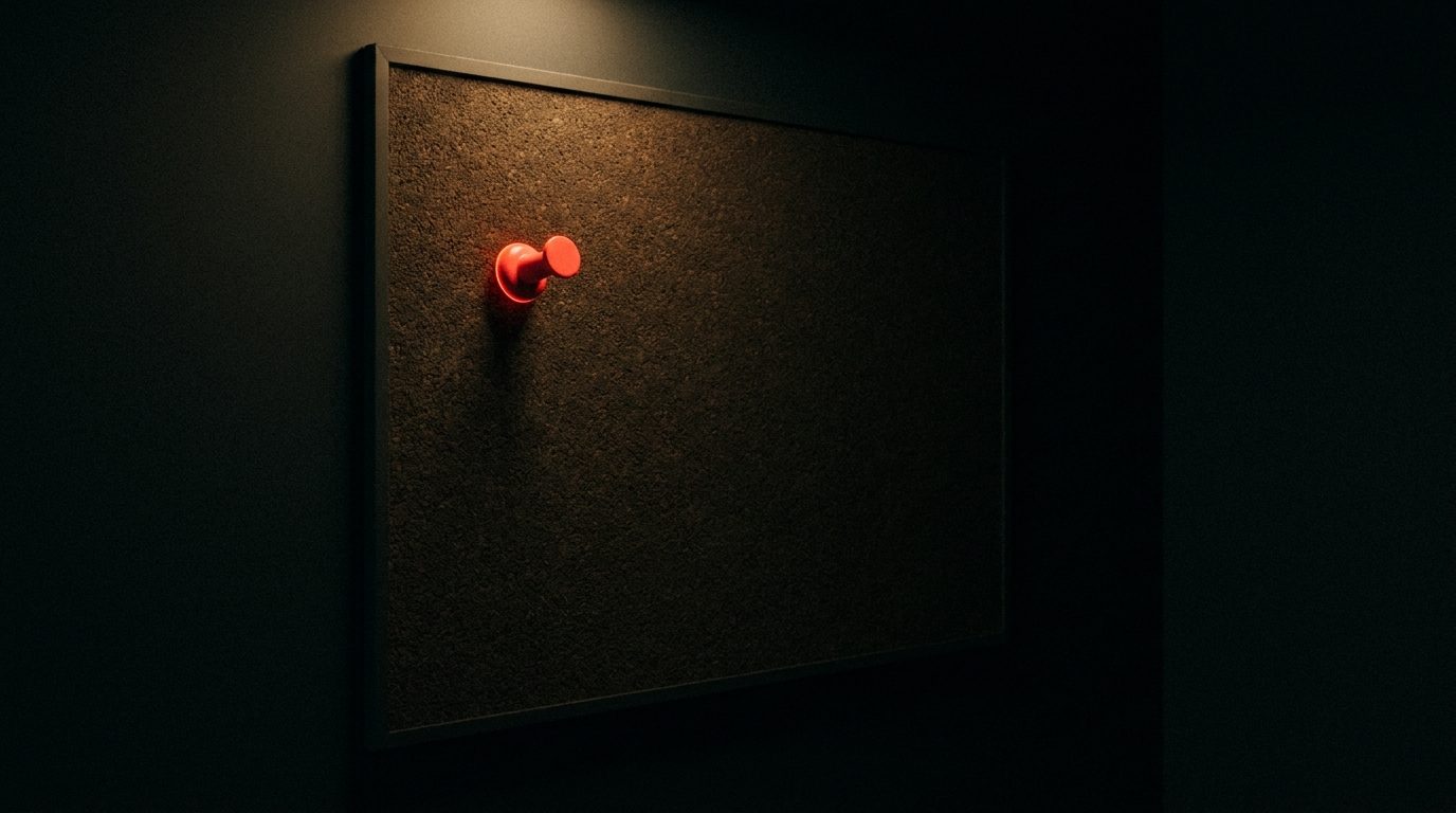 A single glowing red push-pin stuck into an otherwise blank corkboard, a narrow spotlight falling only on that one pin