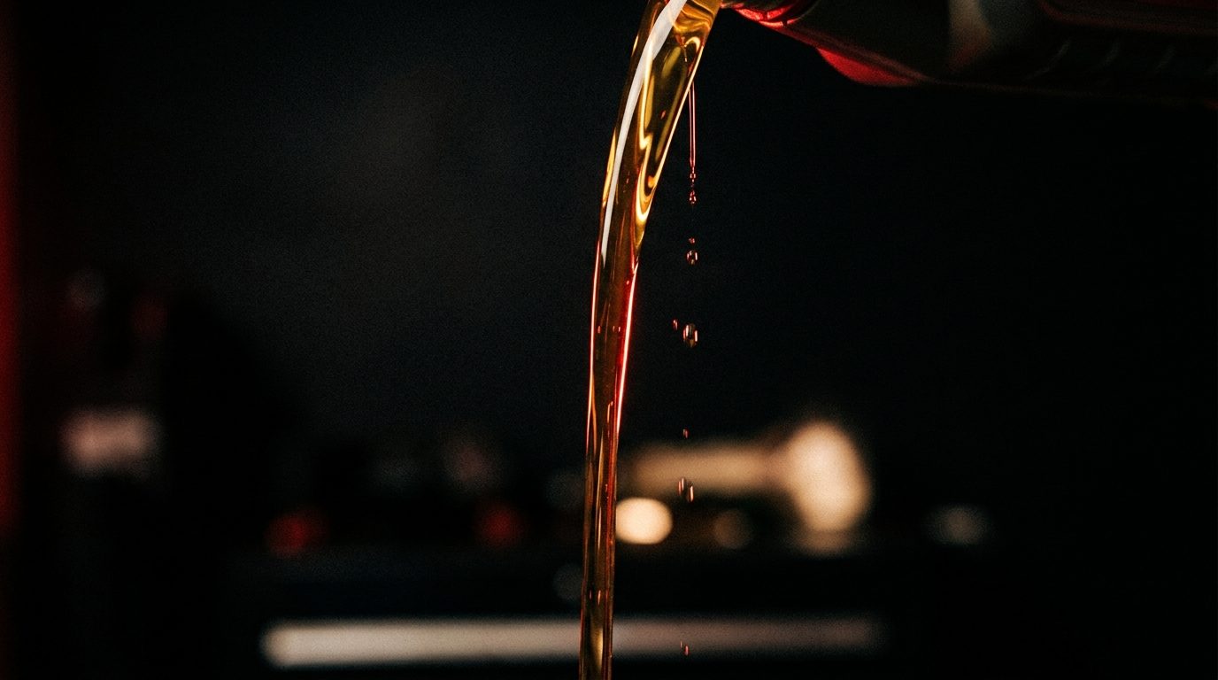 A single stream of amber engine oil pouring in warm red rim light against a dark garage background, drops catching light mid-fall