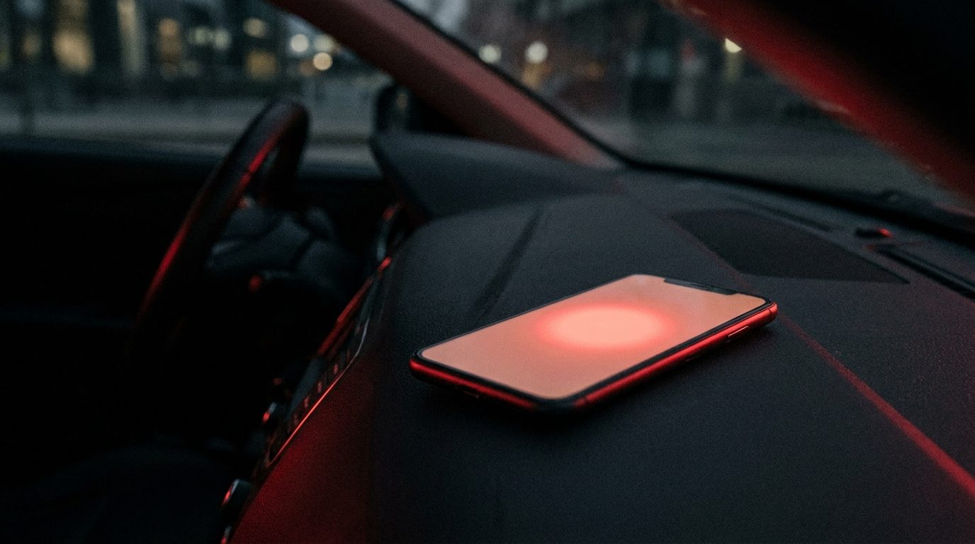 A generic unbranded smartphone glowing with a blank red map pin icon on its screen, resting on a dark car dashboard at night