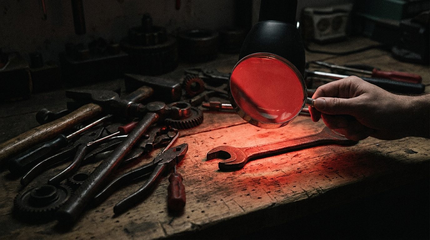 A red-lit magnifying glass held over a single wrench among a scattered pile of unrelated tools, representing finding true buying intent among broad match noise