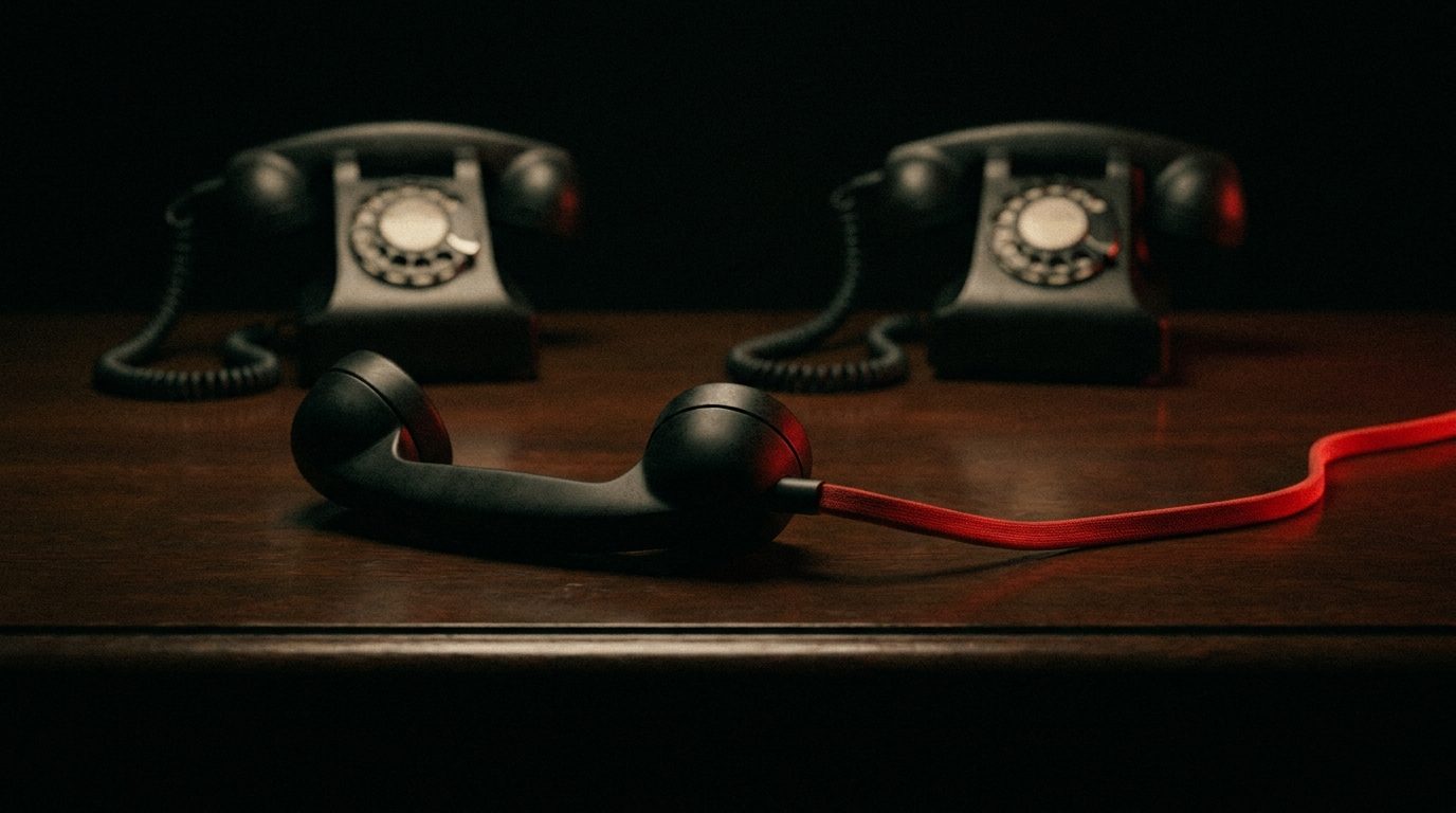 A single black telephone receiver on a dark wooden desk with one red cable trailing from its base, two other black telephones unlit in the shadowed background