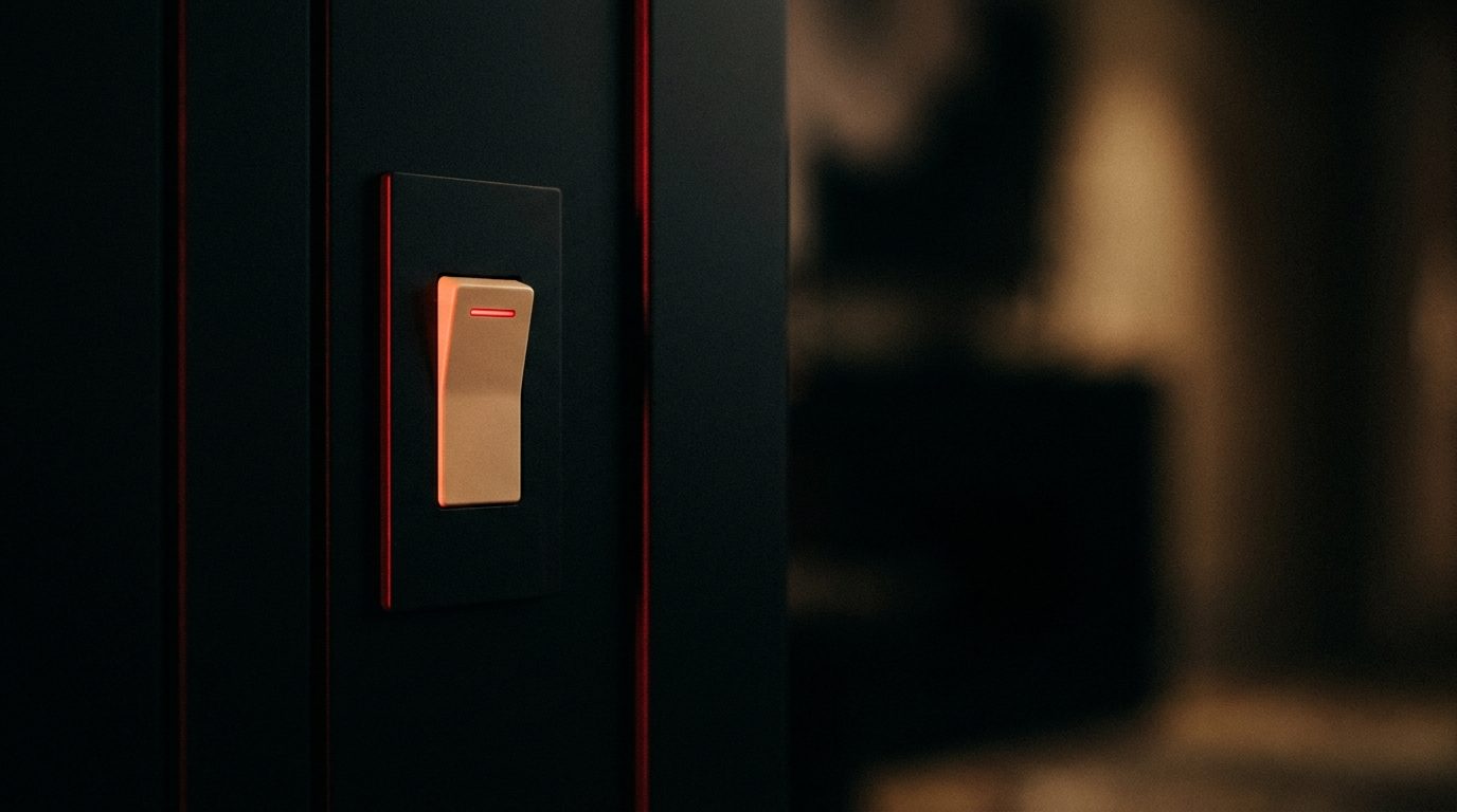 A single light switch glowing with a thin red indicator line on an otherwise dark wall panel, no labels or markings visible