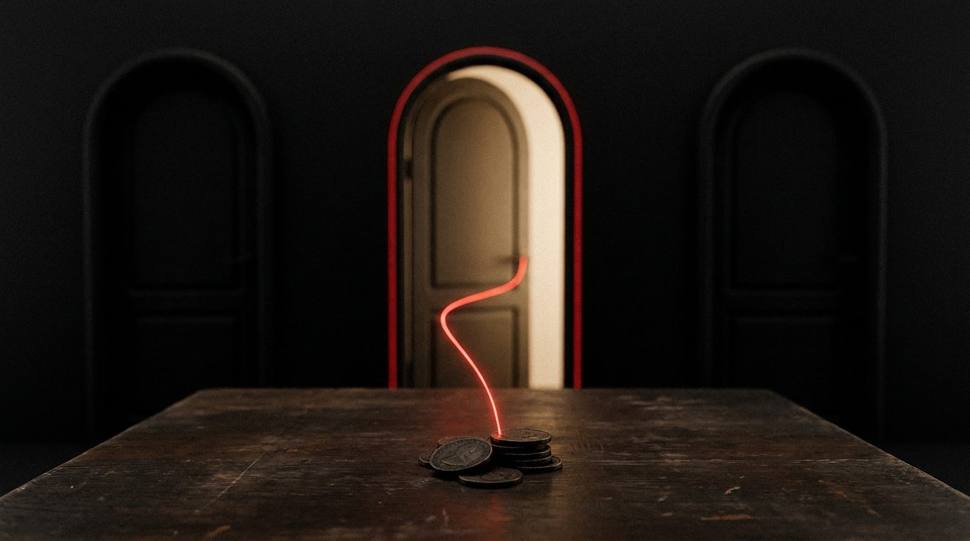 A glowing red thread rising from a small stack of coins on a dark table and tracing back into one of three dark doorways, the other two doorways dim and disconnected