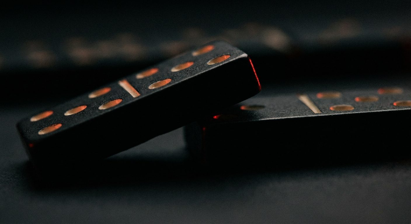 Extreme close-up of one domino tipping into the next at the exact point of contact, representing the moment a referral gets asked for and passed along