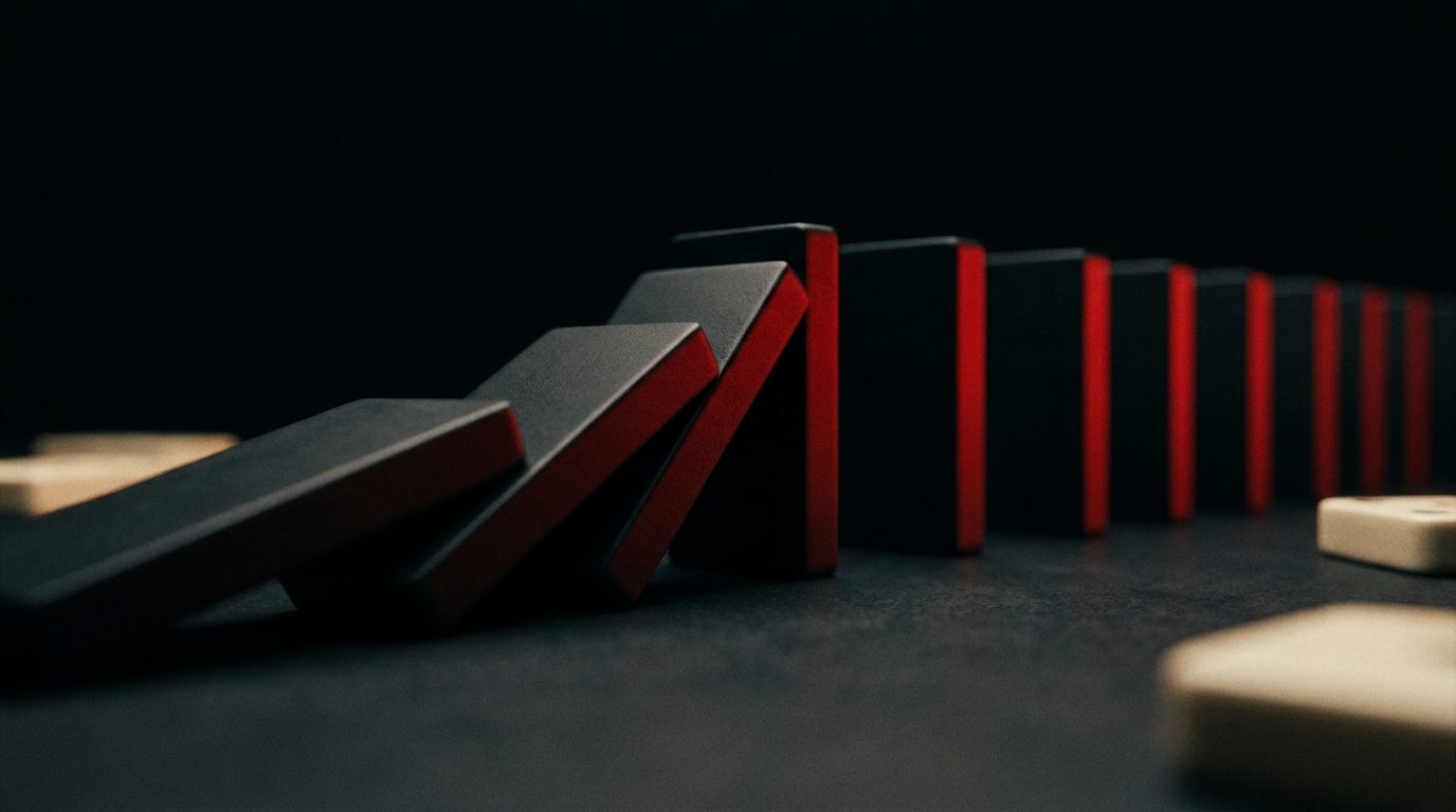 A row of dominoes falling in a chain reaction on a dark surface, representing one satisfied customer triggering the next referral