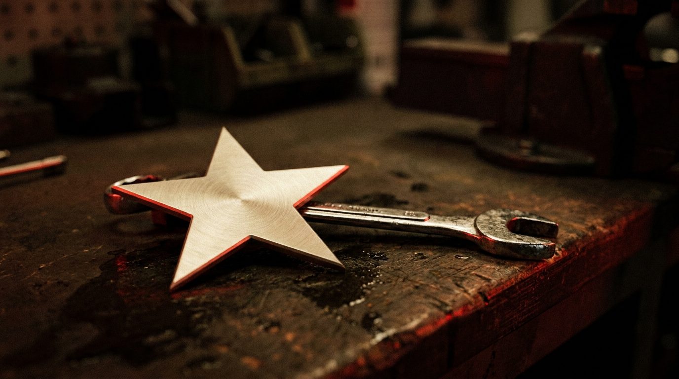 A bone-colored metal star resting beside a wrench on a dark workbench, lit by dramatic red rim light