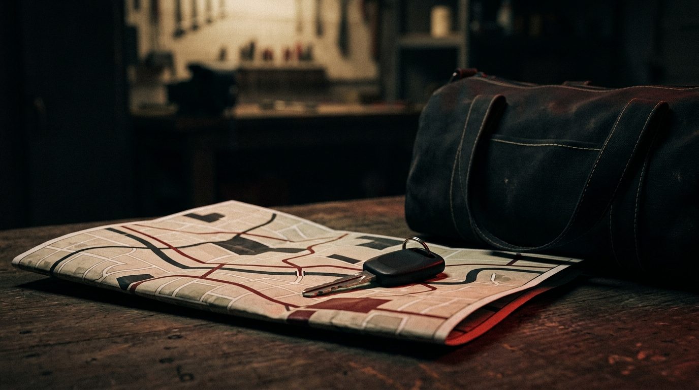 A folded paper road map and a car key resting on a dark workbench under warm red rim light, a packed canvas duffel bag beside it