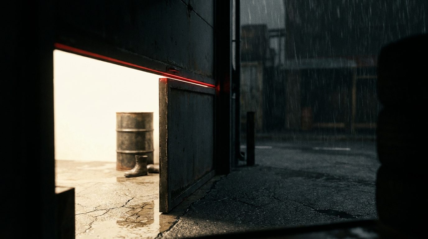 A garage bay door half open, bright daylight on one side and dark rain on the other, representing the contrast between a shop's slow and busy seasons