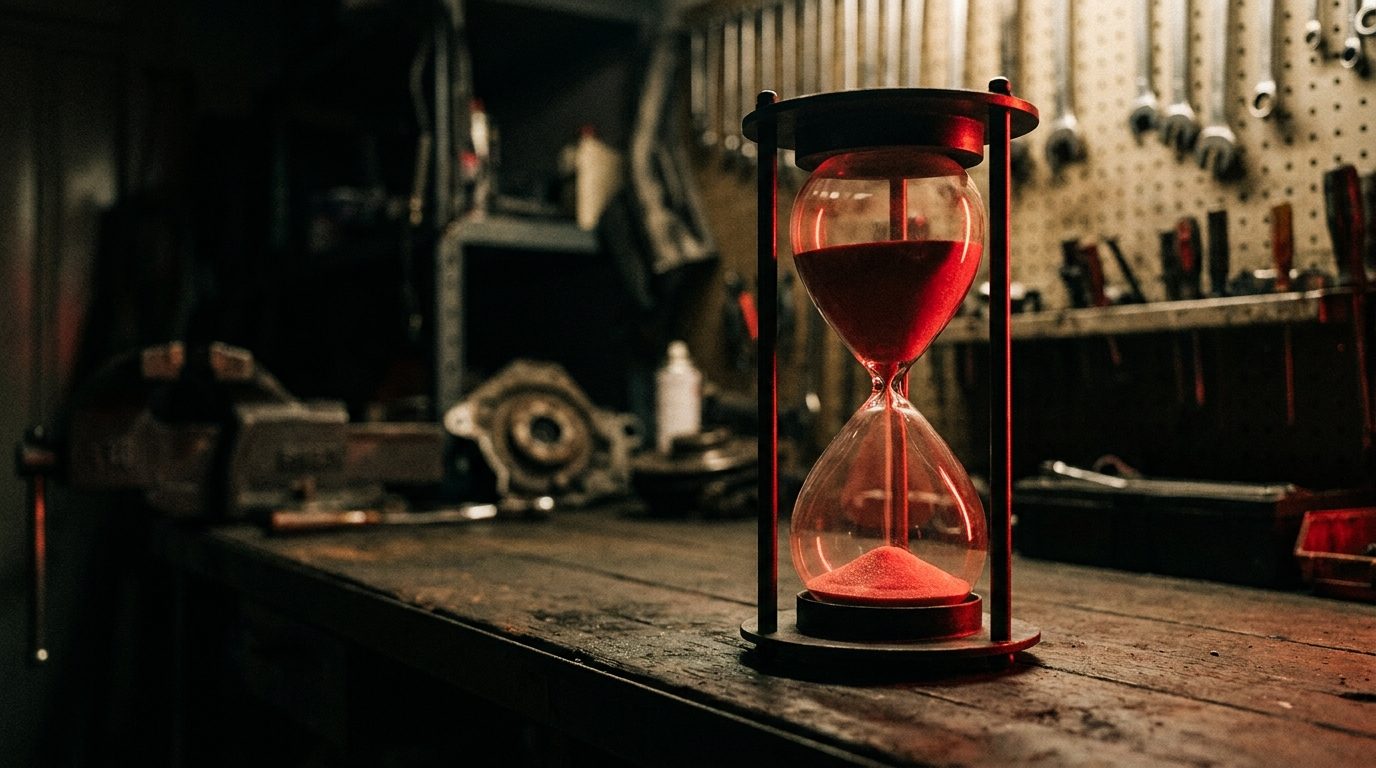 A red-lit hourglass pouring sand inside a dark garage bay, representing shifting ad budget ahead of a shop's slow season