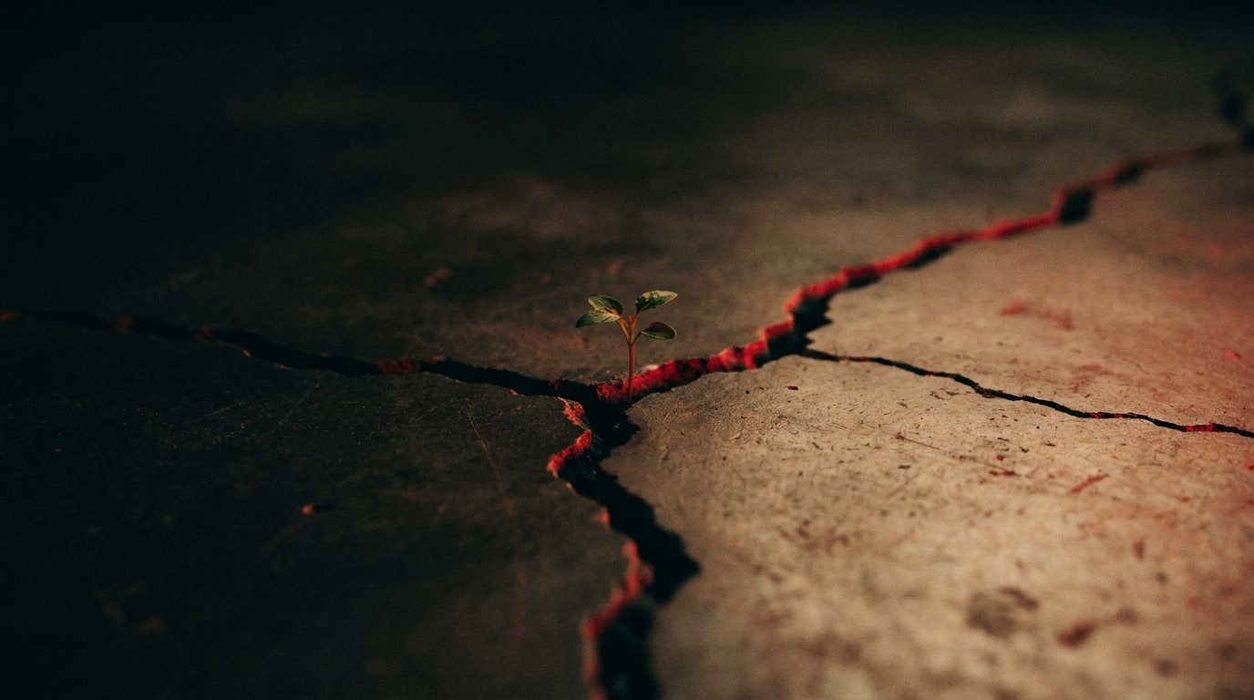 A single green seedling breaking through a cracked dark concrete floor, lit with dramatic red rim light, representing slow organic SEO growth pushing through resistance