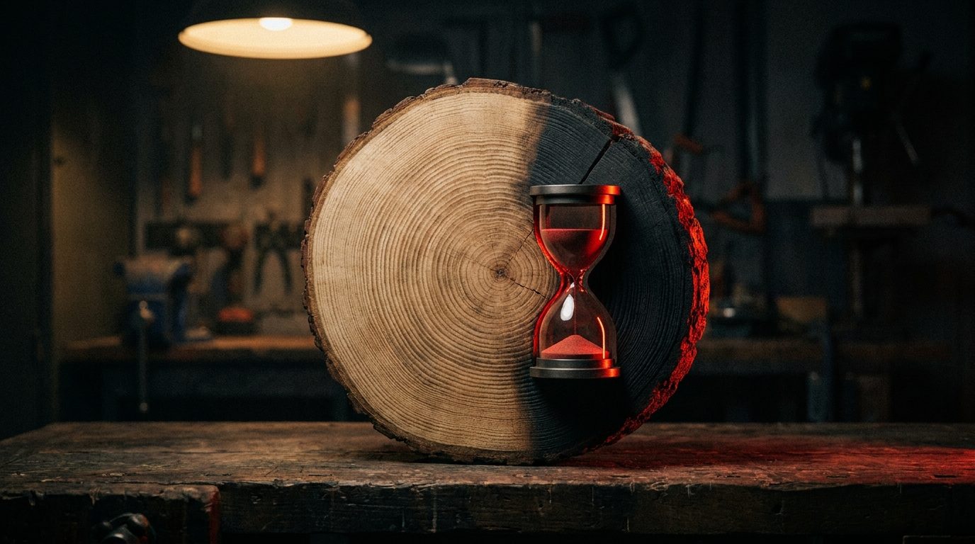 A cross section of a tree trunk showing dense growth rings on one half and a glowing red hourglass embedded into the wood on the other half, dramatic low-key lighting, representing the compounding patience of SEO against the immediate speed of PPC