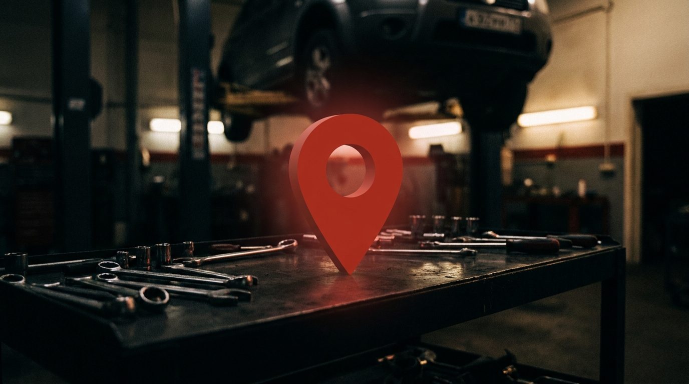Glowing red map pin on a dark garage workbench among tools