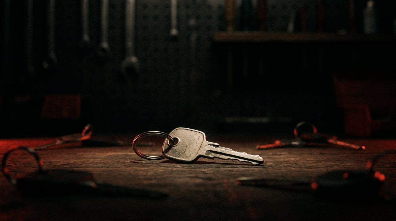 A single car key glowing under warm red rim light on a dark wooden counter, several other keys blurred in shadow around it