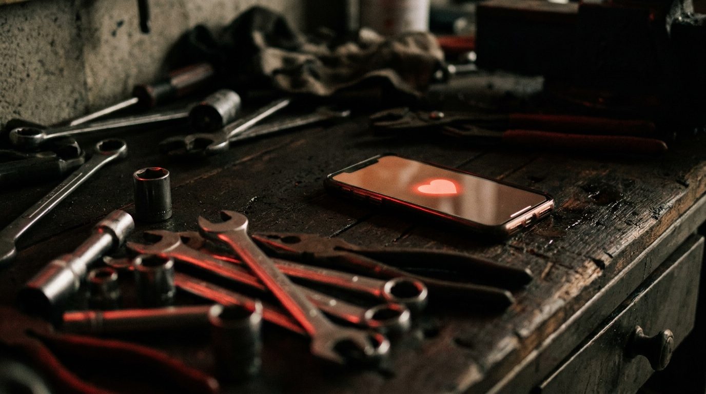 A smartphone on a dark garage workbench showing a social media feed with a red like icon glowing, next to work tools and warm rim lighting