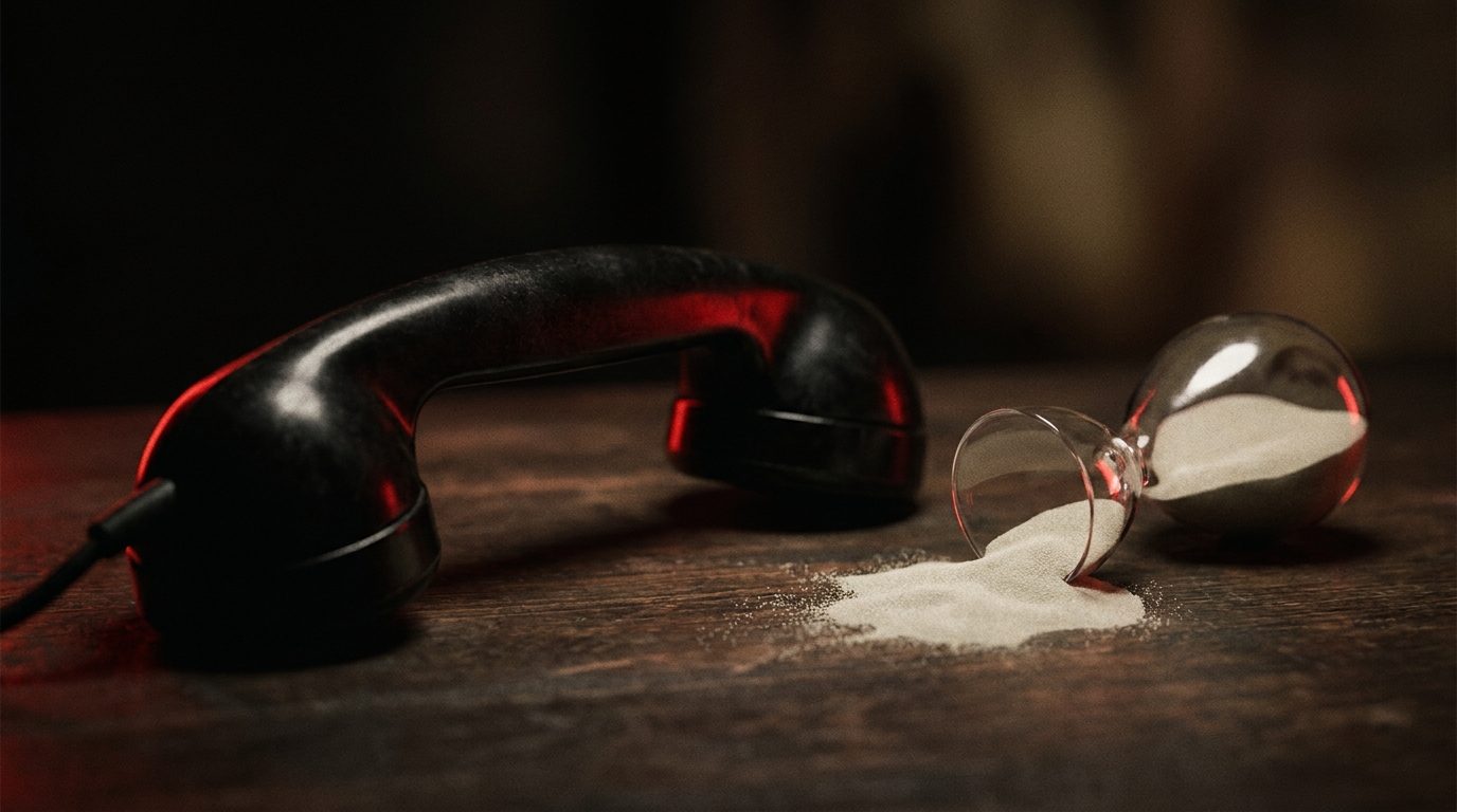 An old telephone receiver left off the hook on a dark desk beside a broken hourglass with sand spilling out, representing a missed lead and time running out