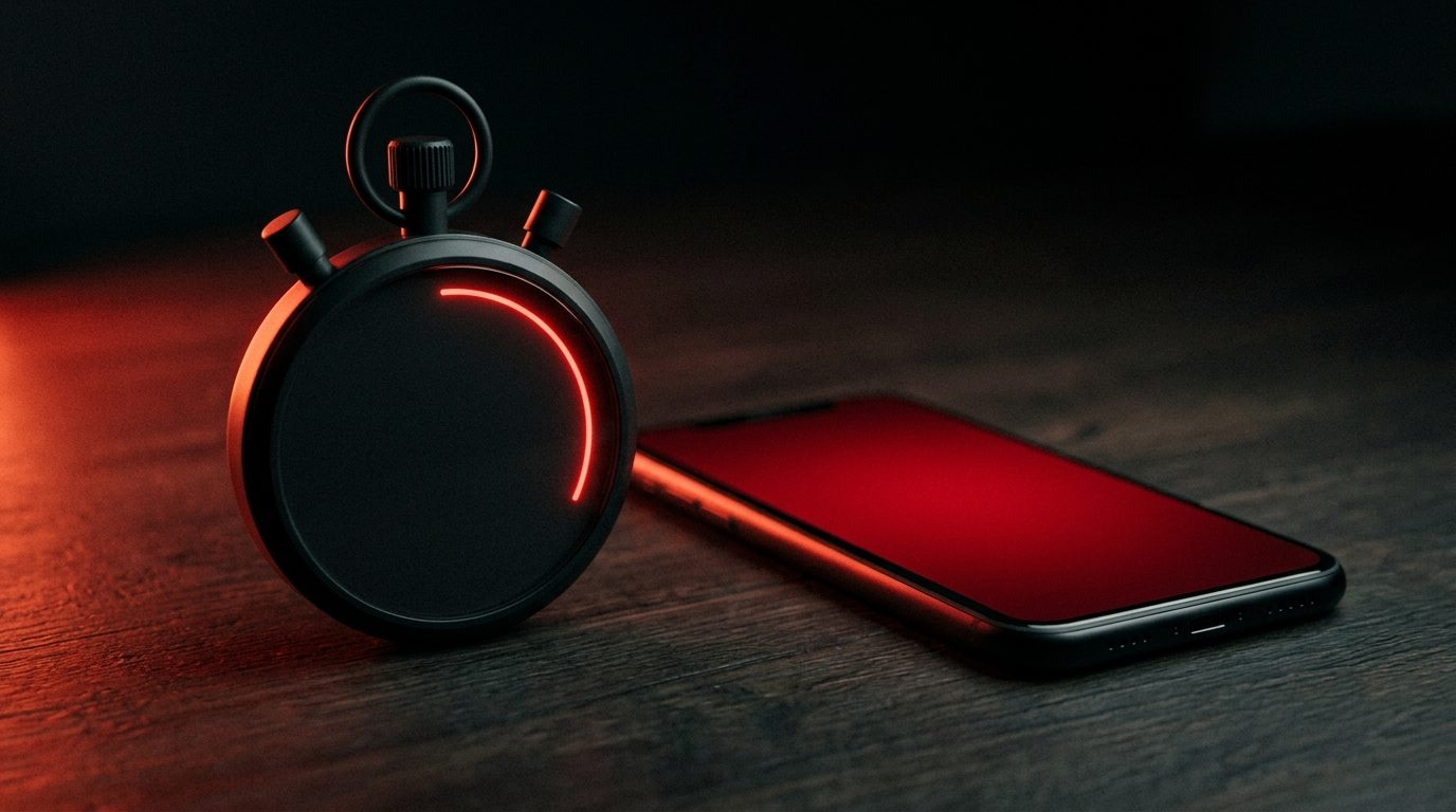 Matte black stopwatch with a blank glowing red second hand beside a phone lighting up with an incoming call on a dark desk