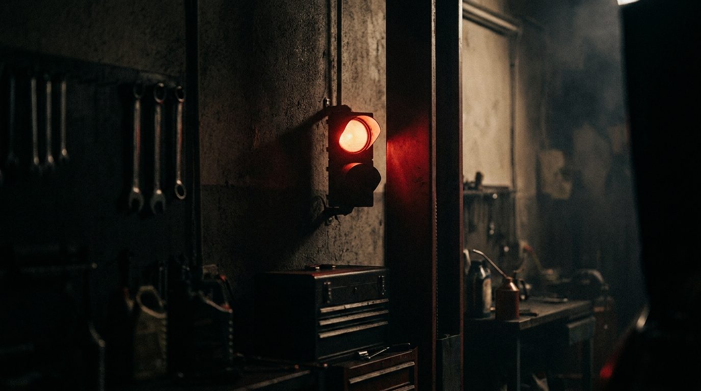 A single red traffic signal glowing in a dark auto repair garage, dramatic low key lighting and shallow depth of field, representing the compliance rules and stop signals that govern text message marketing
