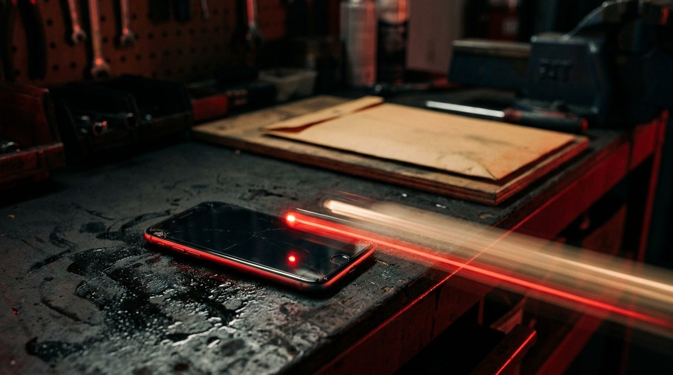 A smartphone glowing with a single red notification on a dark garage workbench, a faint motion blur trailing from it past a closed envelope sitting still in the background, representing text messaging outpacing email