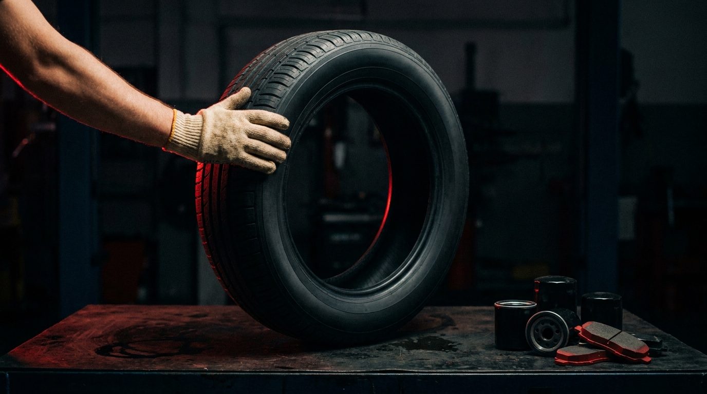 Mechanic's gloved hand stacking a new tire beside oil filters and brake pads on a dark workbench