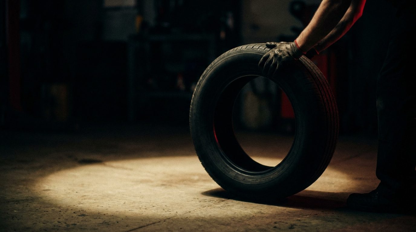 Gloved hand rolling a single tire out of shadow into warm light on a dark garage floor