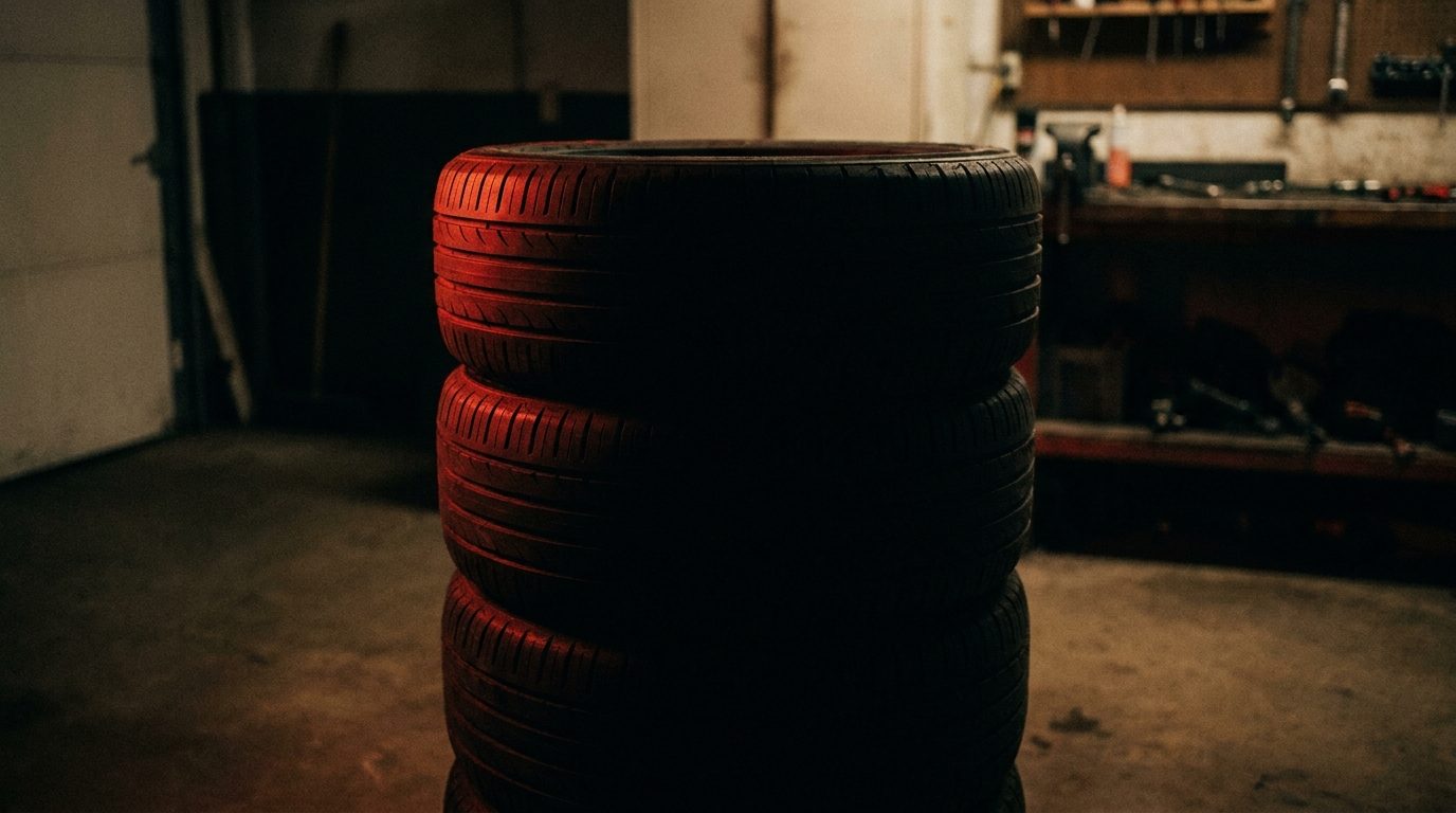 Stack of tires in a dark garage bay, one lit with warm red rim light, the rest in shadow