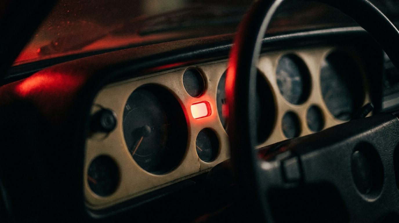 Close-up of a car dashboard at night, a single warning light glowing intense red among dim unmarked gauges, shallow depth of field